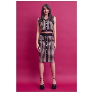 Houndstooth Knit Top And Midi Skirt Set